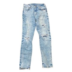 American Eagle Super Jegging Light Jeans Womens Blue 29X30 Distressed.